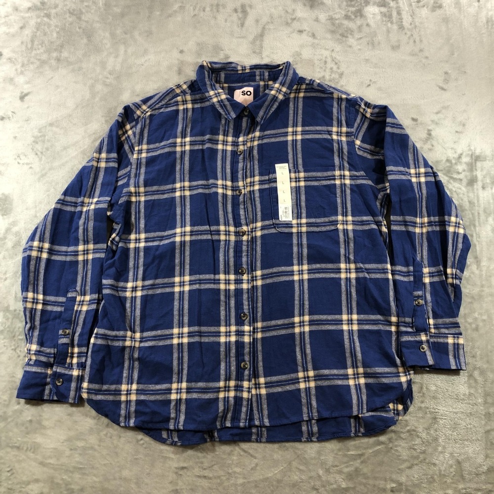 SO Shirt Womens Large Blue Plaid Flannel Button Front Long Sleeve Casual Top
